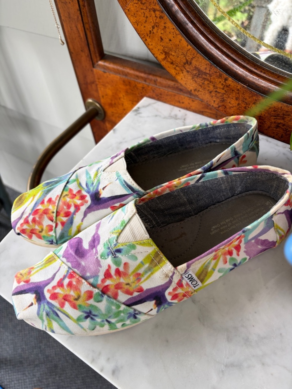 Toms Tropical Floral Canvas Slip-On Flats - White with Purple, Pink & Green